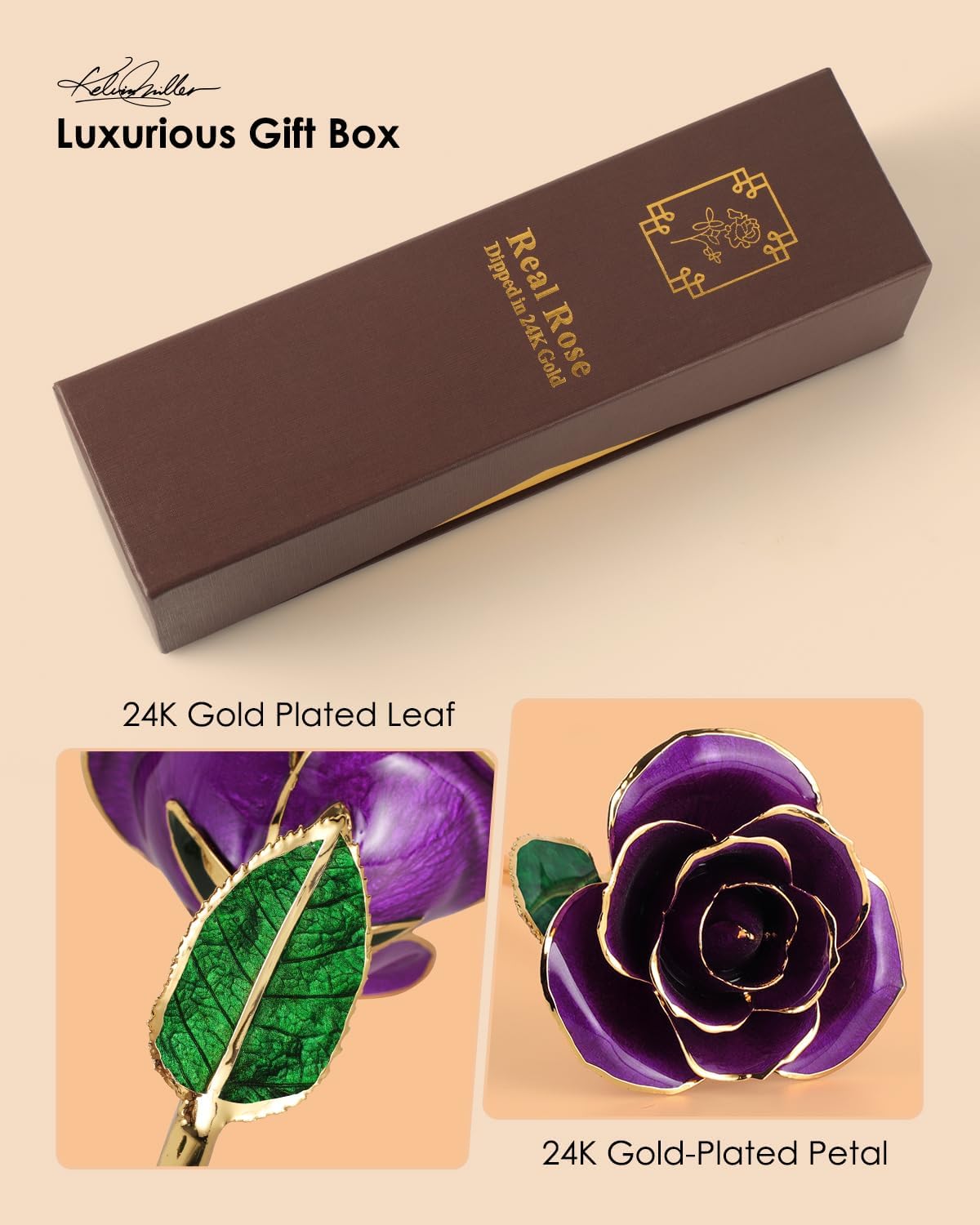 24K Gold Dipped Real Rose – Handcrafted, One of a Kind Gift – Timeless Romantic Present for Birthday, Valentine’s, Mother’s Day, Anniversary (Purple)