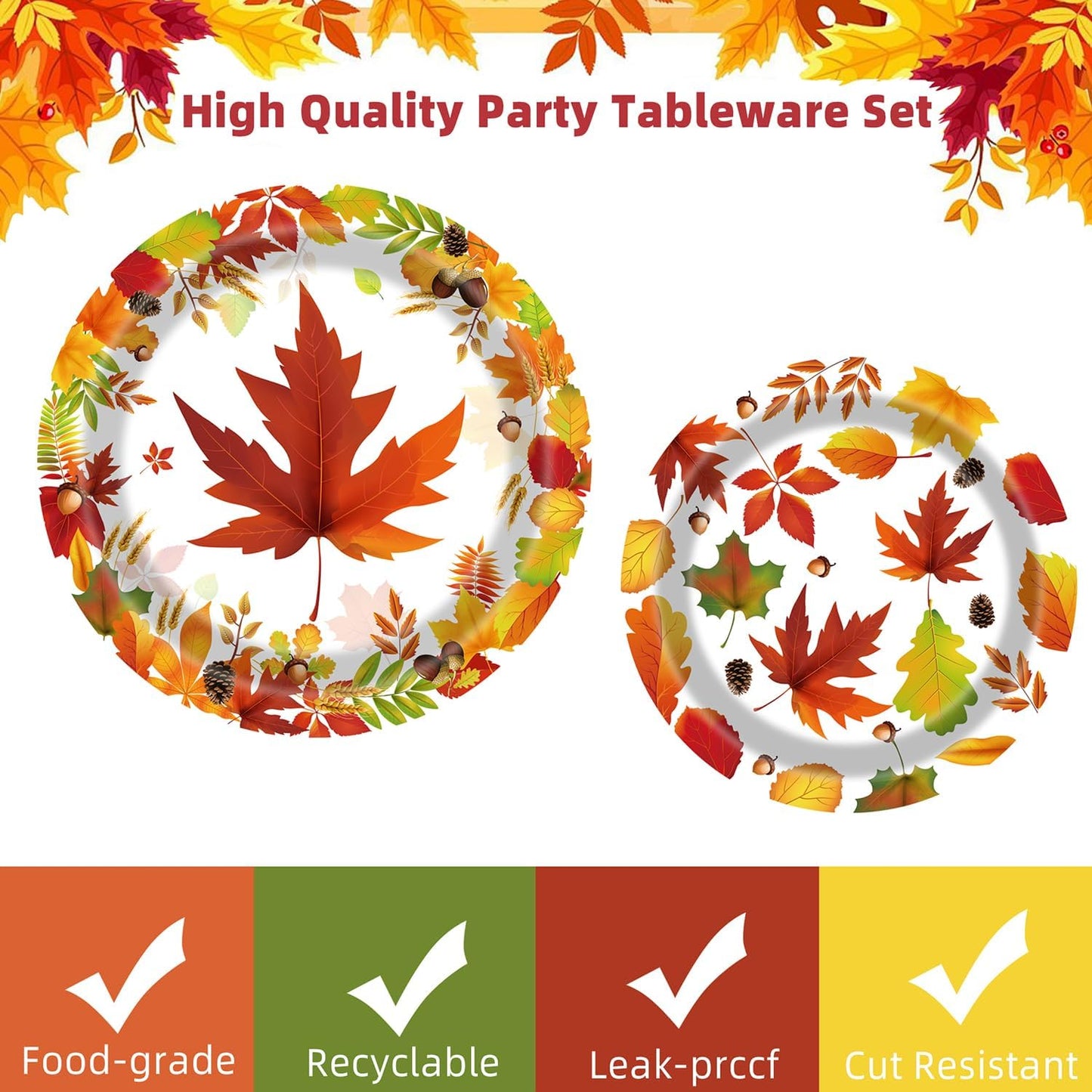 Fall Party Supplies - 96 Pcs Autumn Maple Leaf Disposable Tableware Set with Paper Plates, Napkins, Forks for Thanksgiving Harvest Party Decorations