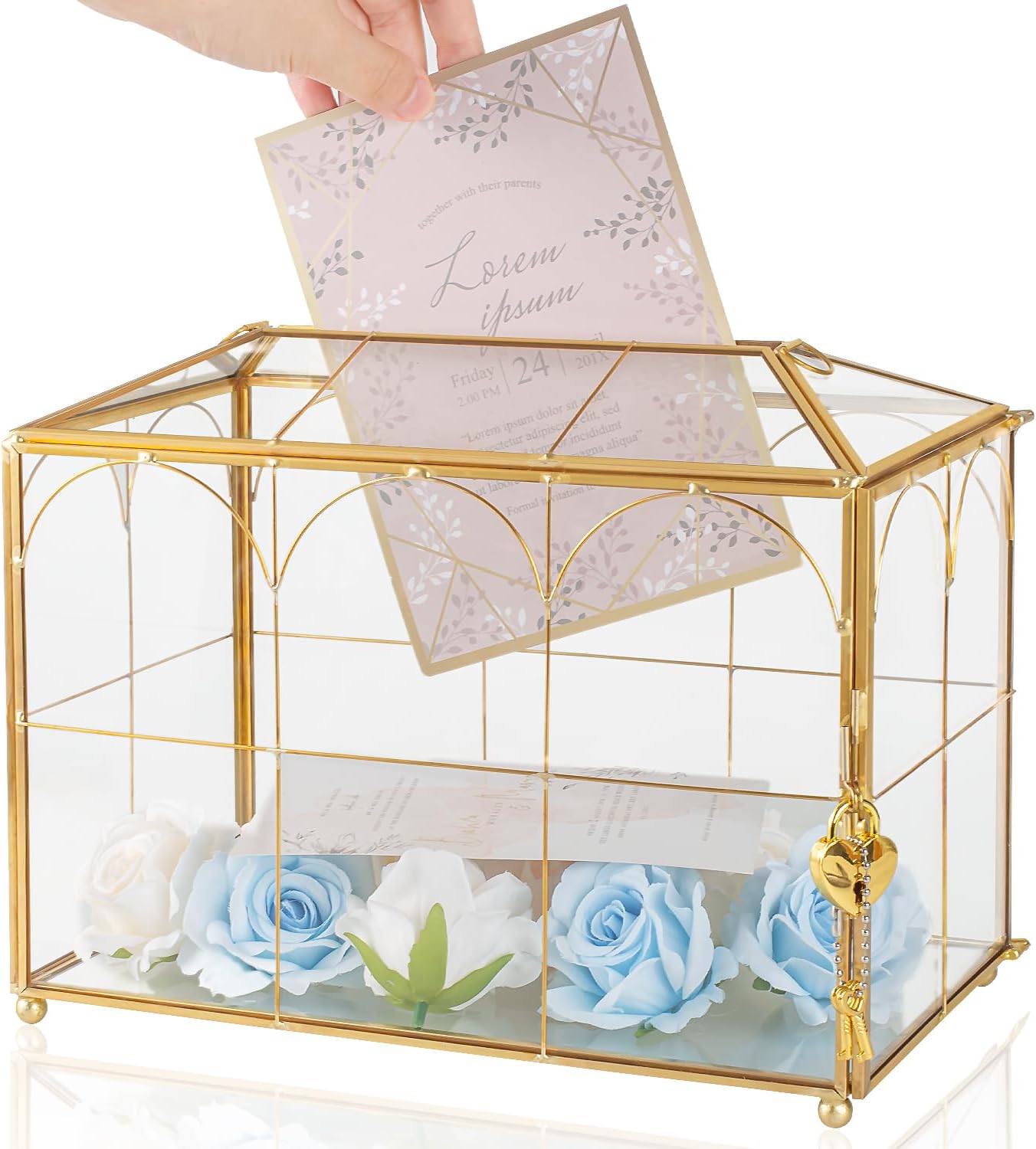 Glass Wedding Card Box with Slot - 10.2" Large Gold Gift Storage Box with Lock for Reception, Bridal Shower, Baby Shower, Birthday Party