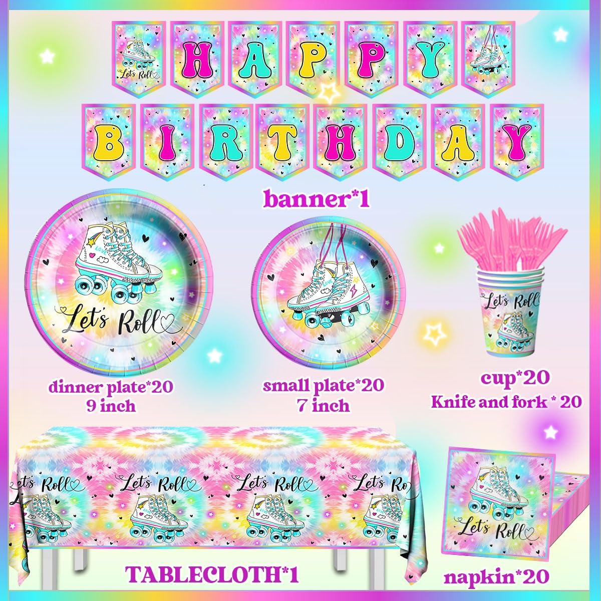 Roller Skating Party Supplies - 142Pcs Roller Skate Party Tableware Include Plates,Napkins,Cups,Banner,Tablecloth Let's Roll Birthday Decorations for Girl(20 Guests)