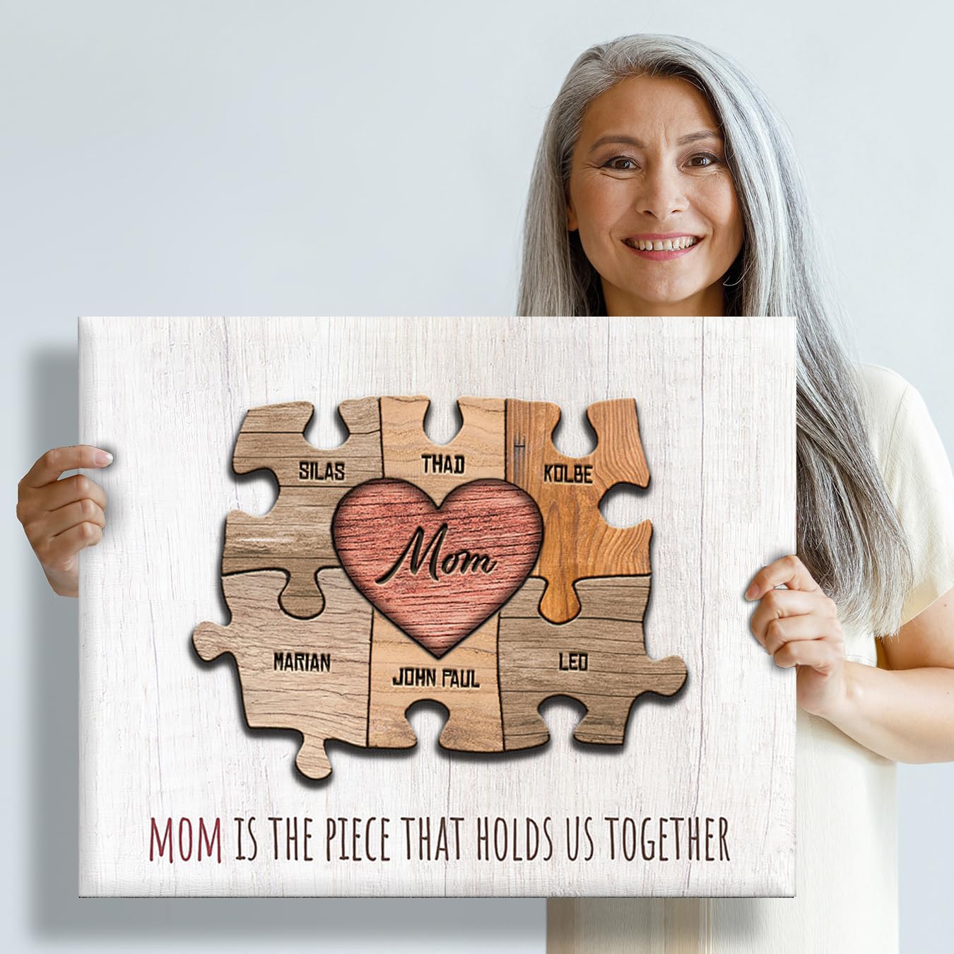 Personal-Prints MOM & Children Personalized HEART Puzzle Wall Art | Unique Customized with up to 8 Names | Mother’s Day, Birthday or Christmas Gift (11"x14" Stretched Canvas, 4 Children)