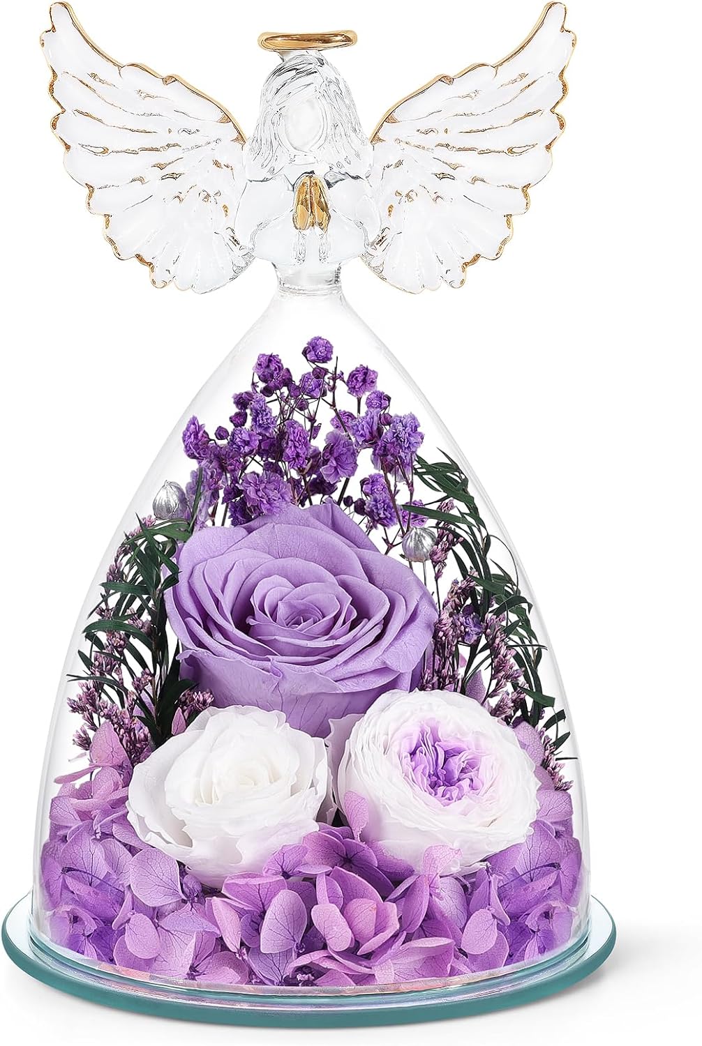 FIACO Gifts for Women Preserved Rose Forever Flower in Glass Angel Figurine Fresh Flowers for Delivery Prime Mothers Day Birthday Gifts for Mom Grandma Wife Sister Purple
