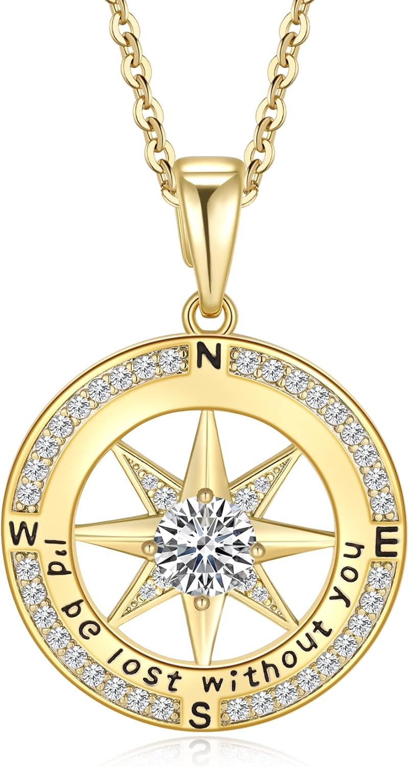 Mkhhy Compass Necklace for Women Jewelry For Her White Gold and Yellow Gold I'd Be Lost Without You(18k Real Gold Filled With S925)