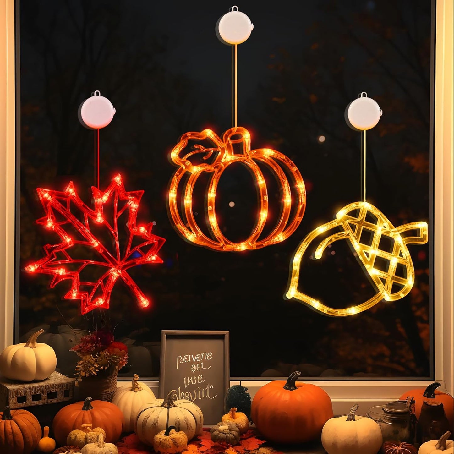 LOLStar Fall Decor Window Lights 2025 Thanksgiving Decorations Acorn Maple Leaves Pumpkin LED Lights with Suction Cups Battery Operated(Exclusive) Slow Fade Mode Timer Autumn Decorations for Home
