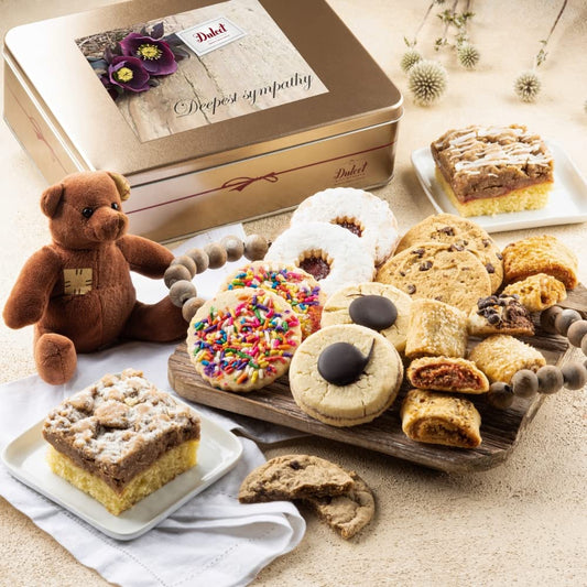 Dulcet Gift Basket - I'm Sorry Gifts For Her - Apology Gift Basket - Teddy Bear with Baked Gourmet Food Snacks - Crumb Cake, Assorted Cookies, and Rugelah - Bake Your Way Back to Her Heart