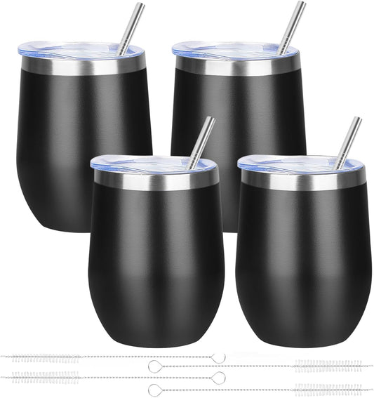12oz/4 Pack Wine Tumbler Glasses with Lid Stemless Double Wall Vacuum Stainless Steel Travel Tumbler Keeping Cold & Hot for Wine,Coffee,Cocktails,Drinks-Family and Gifts (Black)