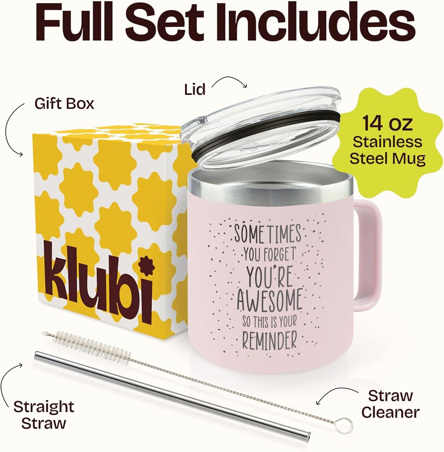 KLUBI Cute Pink Birthday Gifts for Women - Sometimes You Forget Your Awesome Gifts for Mothers Day, Her, Coworkers, Boss Day, Nurses Week College Girl Gift Ideas for Mothers Day Mugs 14 Ounce