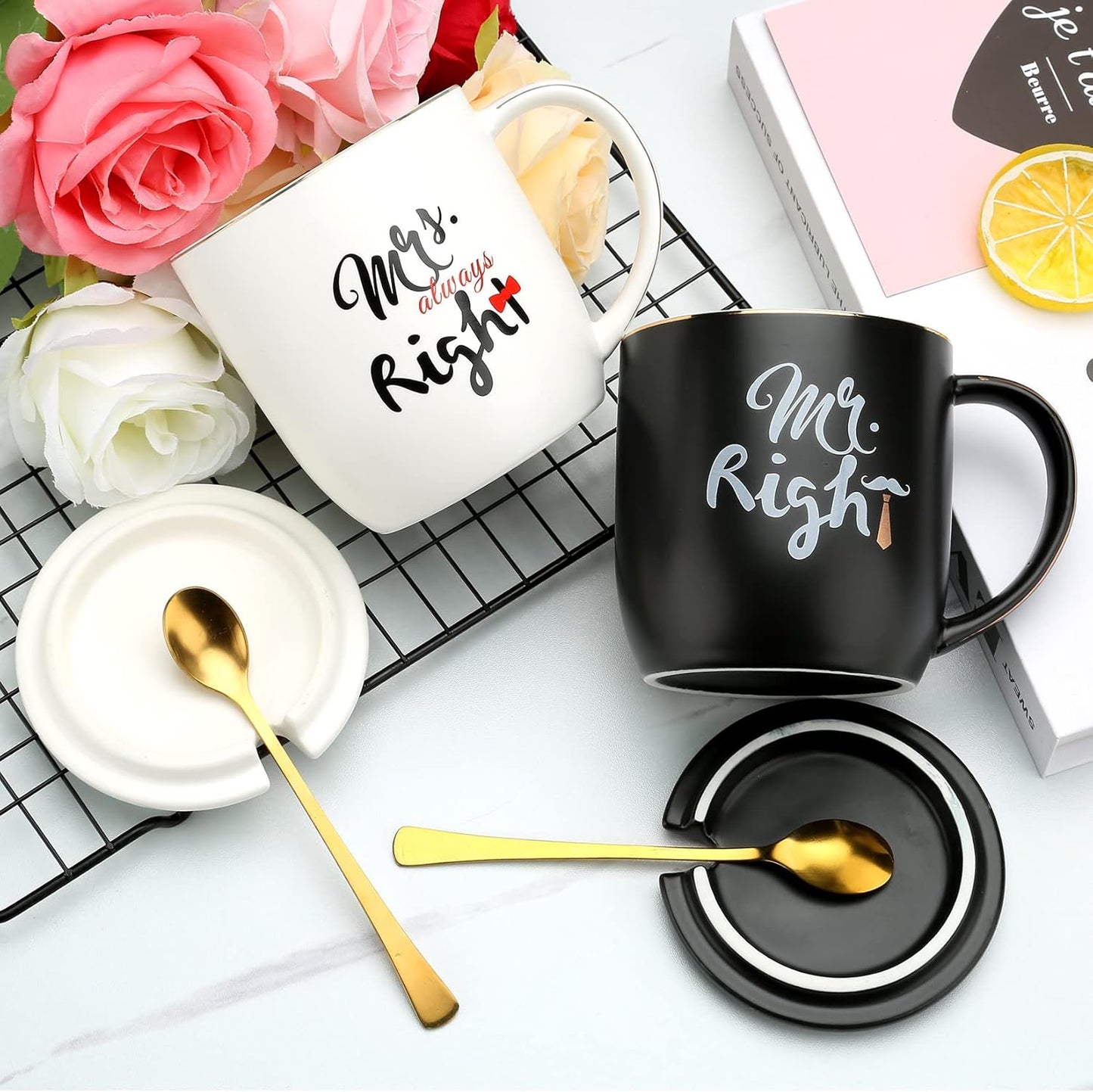 Mr Right Mrs Always Right Couple Coffee Mugs Cups - Bridal Shower Wedding Anniversary Valentine's Day Gift - Bride and Groom Newlyweds Married Couples Ceramic Marble Mugs Set - Black and White