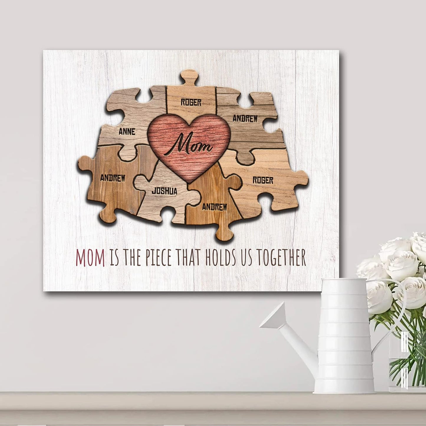 Personal-Prints MOM & Children Personalized HEART Puzzle Wall Art | Unique Customized with up to 8 Names | Mother’s Day, Birthday or Christmas Gift (11"x14" Stretched Canvas, 7 Children)