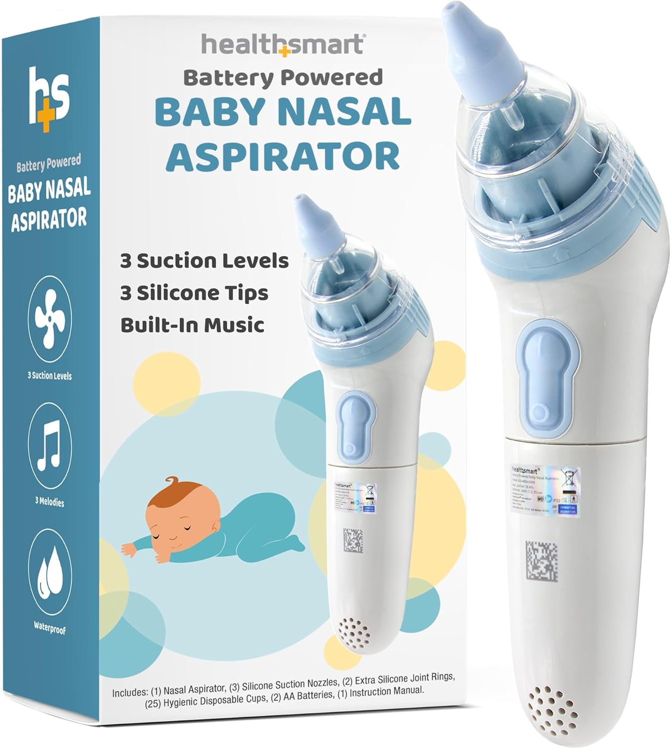 HealthSmart Nasal Aspirator for Baby, 3 Suction Levels + 3 Silicone Tips, Ergonomic Baby Nose Sucker, Toddler Baby Nasal Aspirator, Electric Nose Suction for Baby, Built in Nursery Rhymes