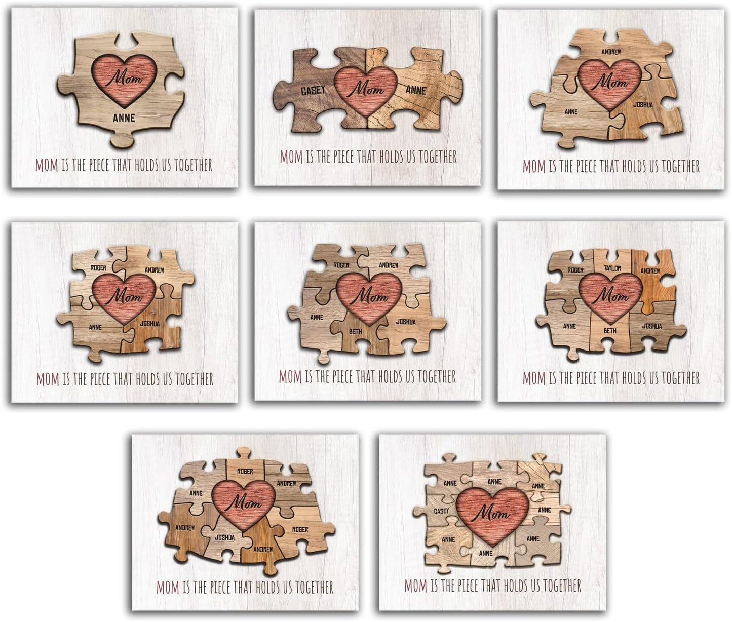 Personal-Prints MOM & Children Personalized HEART Puzzle Wall Art | Unique Customized with up to 8 Names | Mother’s Day, Birthday or Christmas Gift (11"x14" Stretched Canvas, 4 Children)