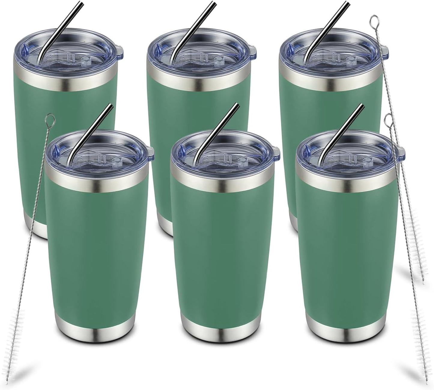 COMOOO 20oz Double Wall Vacuum Insulated Travel Mug, Stainless Steel Tumbler with Lid and Straw Durable Powder Coated Insulated Coffee Cup for Cold & Hot Drinks(Dark Green, 6 Pack