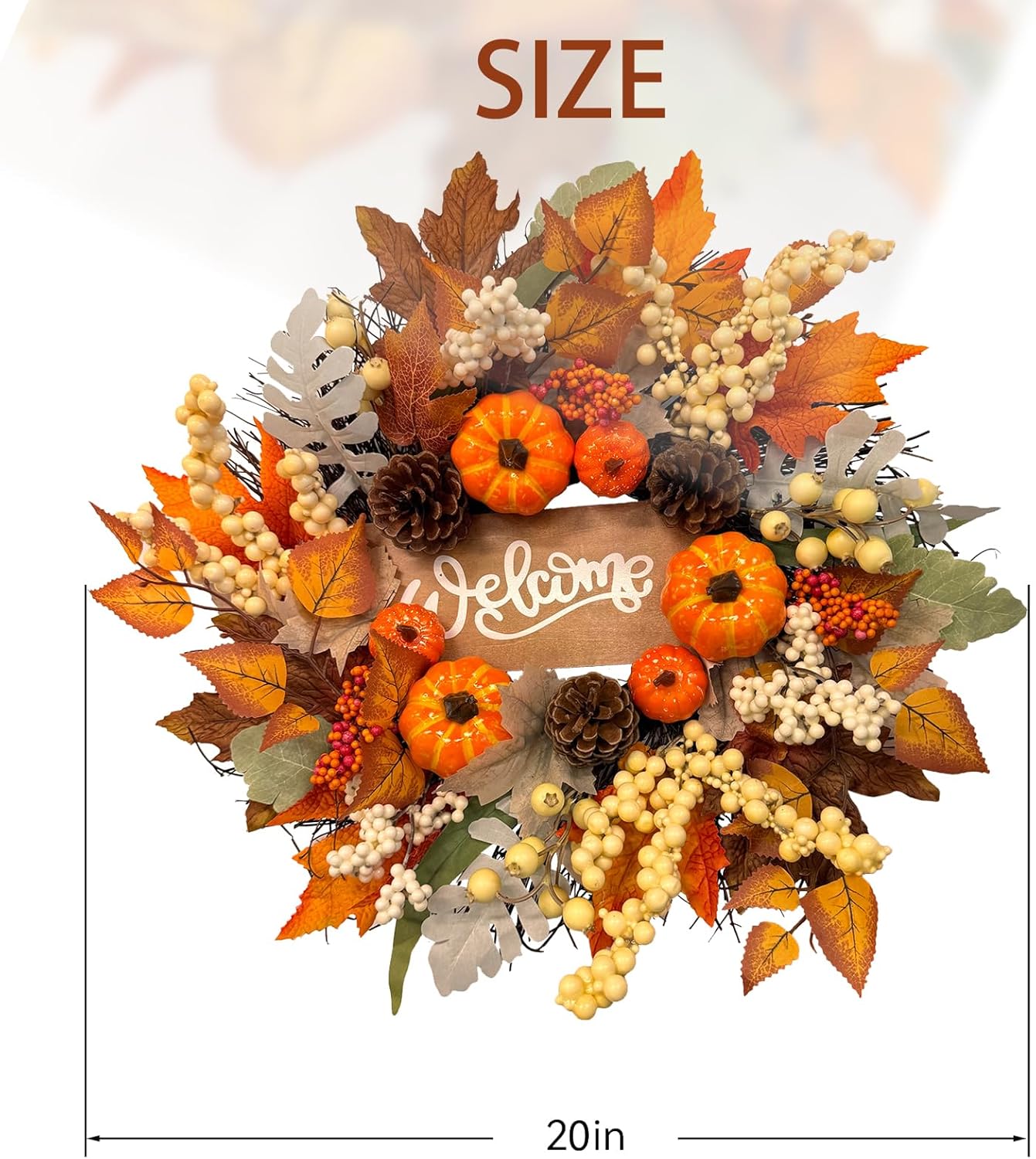 20 Inch Fall Wreaths for Front Door with Welcome Sign,Artificial Autumn Wreath with Sunflowers,Pumpkins,Berries and Leaves for Thanksgiving Harvest Farmhouse Home Decor Indoor Outdoor