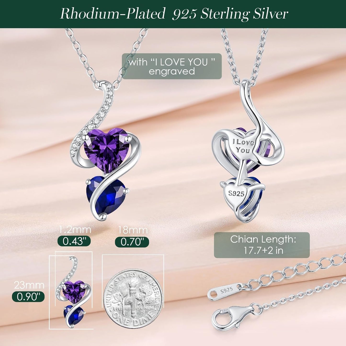 LOUISA SECRET Unique Double Heart Necklace Gifts for Wife Women, 925 Sterling Silver Tiny Birthstone Pendant Jewelry Gift for Her Girlfriend Mom Valentine's Day Anniversary Mother's Day Birthdays & Christmas