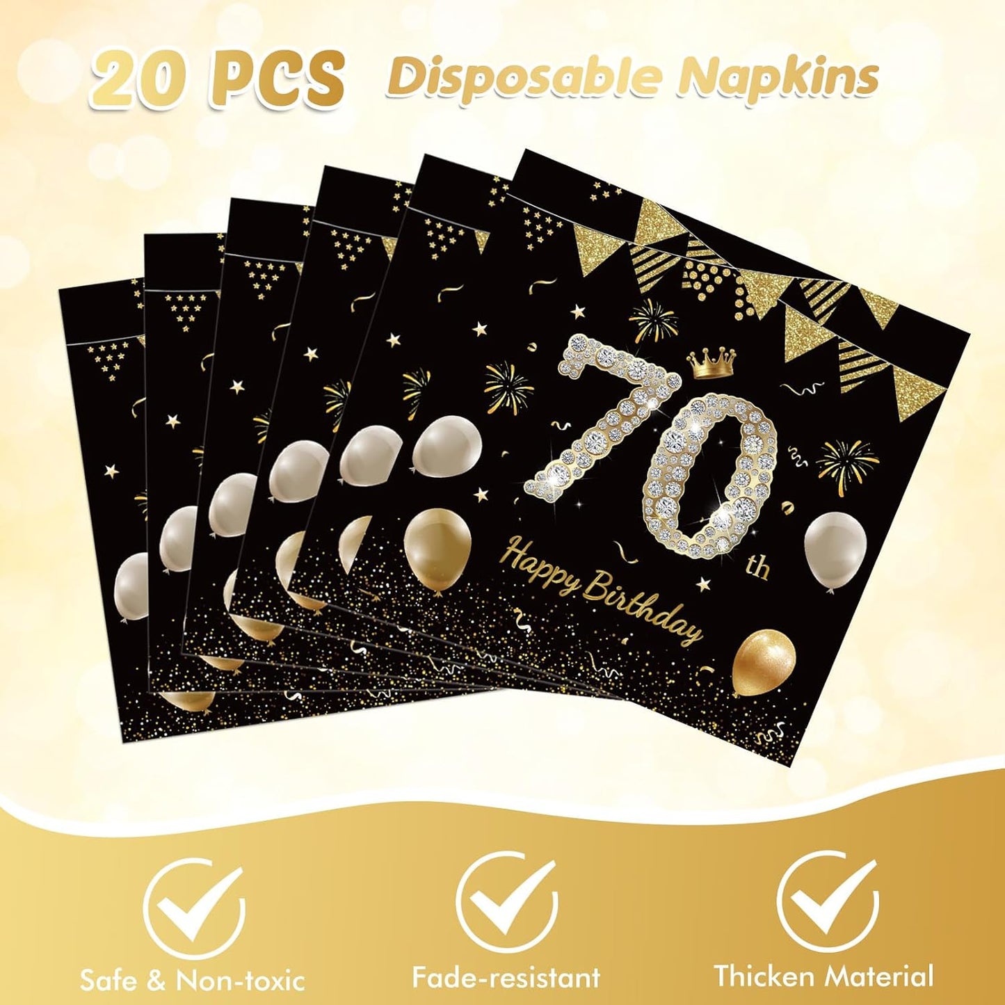 41Pcs 70th Birthday Decorations for Men Women, Black Gold 70 Year Old Birthday Party Supplies Include 20 Plates 20 Napkins and 1 Tablecloth, Black Gold 70 Aged Birth Party Tableware