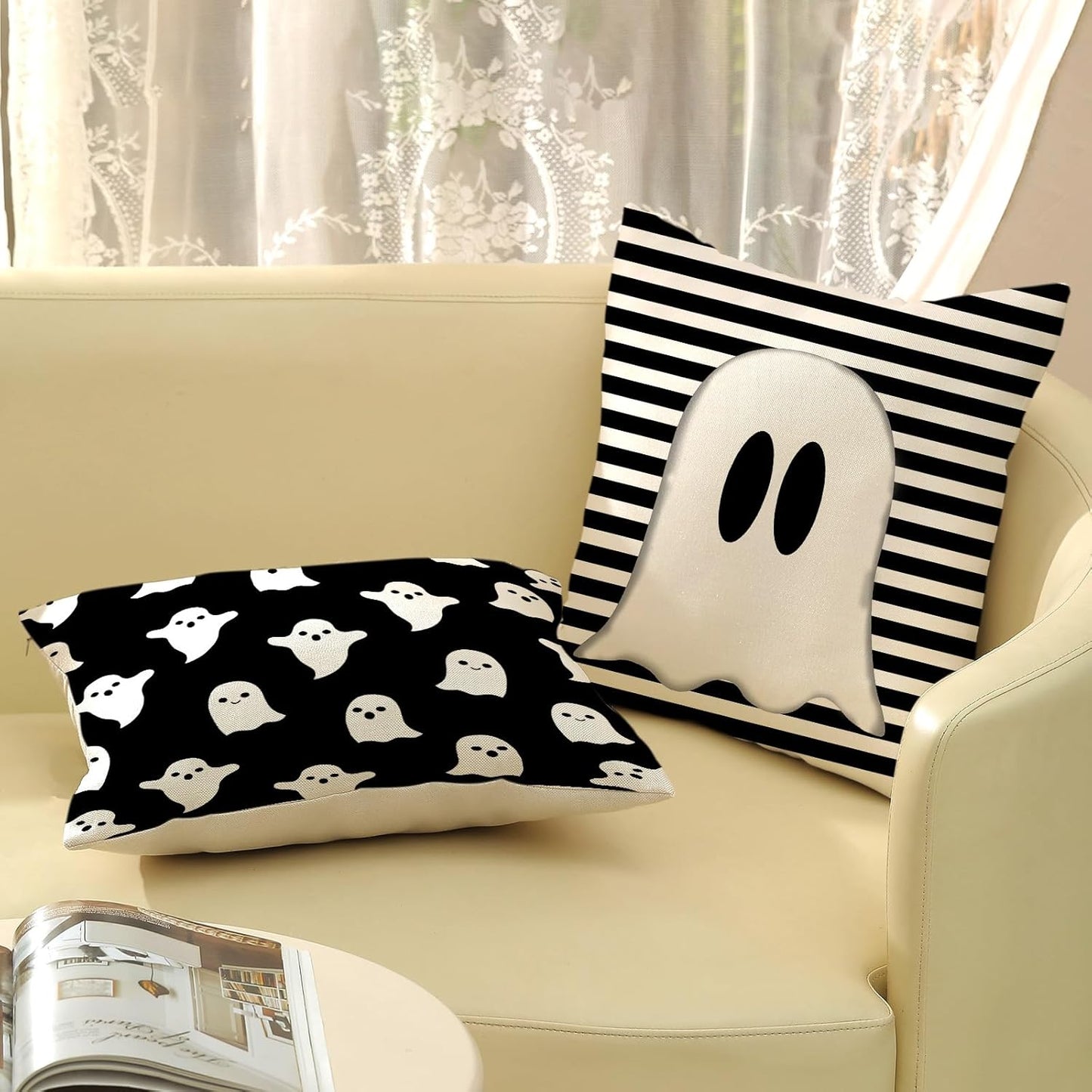 Halloween Pillow Covers 18x18 Set of 2 Cute Black Stripes Ghost Decorative Throw Pillow Covers Halloween Pillow Covers for Halloween Home Decoration L inen Cushion Case for Couch Sofa Decor