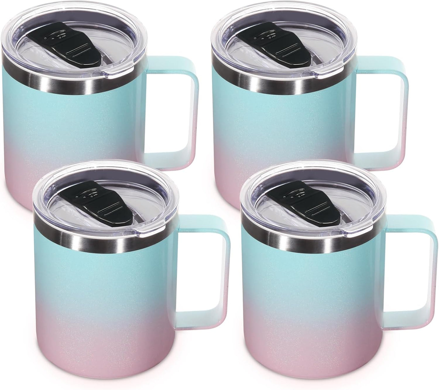 Volhoply 14oz Insulated Stainless Steel Coffee Mug with Lid Bulk 4 Pack,Double Wall Vacuum Travel Coffee Cup with Handle,Reusable Cups Tumbler,Camping Mugs Keep Hot,Ideal Gifts(Green Pink,4)