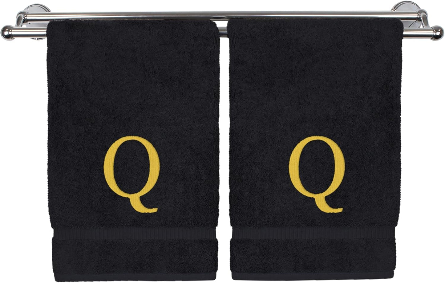 Monogrammed Hand Towel, Personalized Gift, Set of 2- Gold Block Letter Embroidered Towel - Extra Absorbent 100% Turkish Cotton - Soft Terry Finish - Initial Q Black