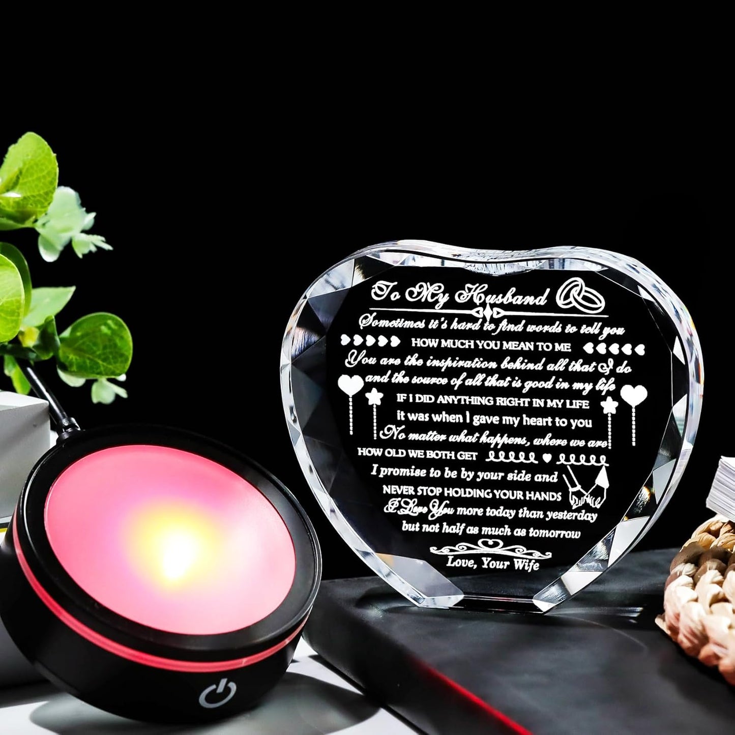 Gifts for Husband with Colorful LED Base Romantic Anniversary Wedding Gifts for Men Crystal Heart to My Husband Birthday Gift from Wife I Love You Gifts for Him on Valentine's Fathers Day Christmas
