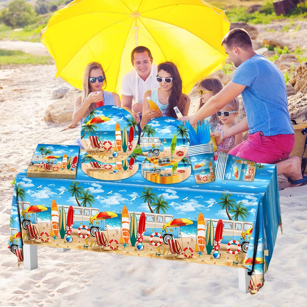 Beach Birthday Party Supplies - 142PCS Hawaiian Pool Party Decoration Including Beach Dinner Plates,Tablecloth for Summer Beach Tropical Baby Shower Birthday Decoration