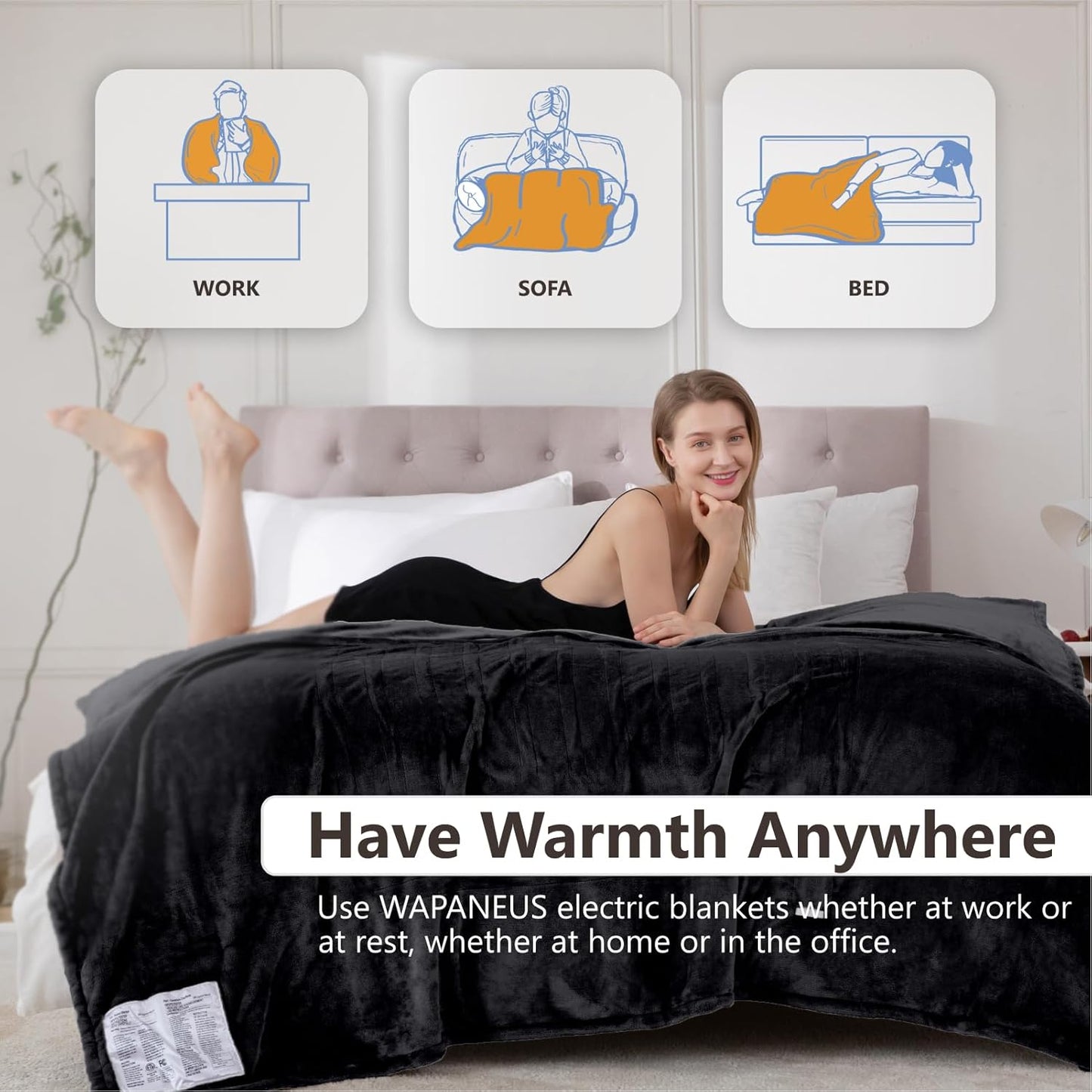 Wapaneus Heated Blanket Electric Blanket 62" x 84" Twin Size with 10 Heating Levels and 12 Hours time Settings, Flannel Fast-Heating Electric Blanket, ETL Listed, Machine Washable, Black