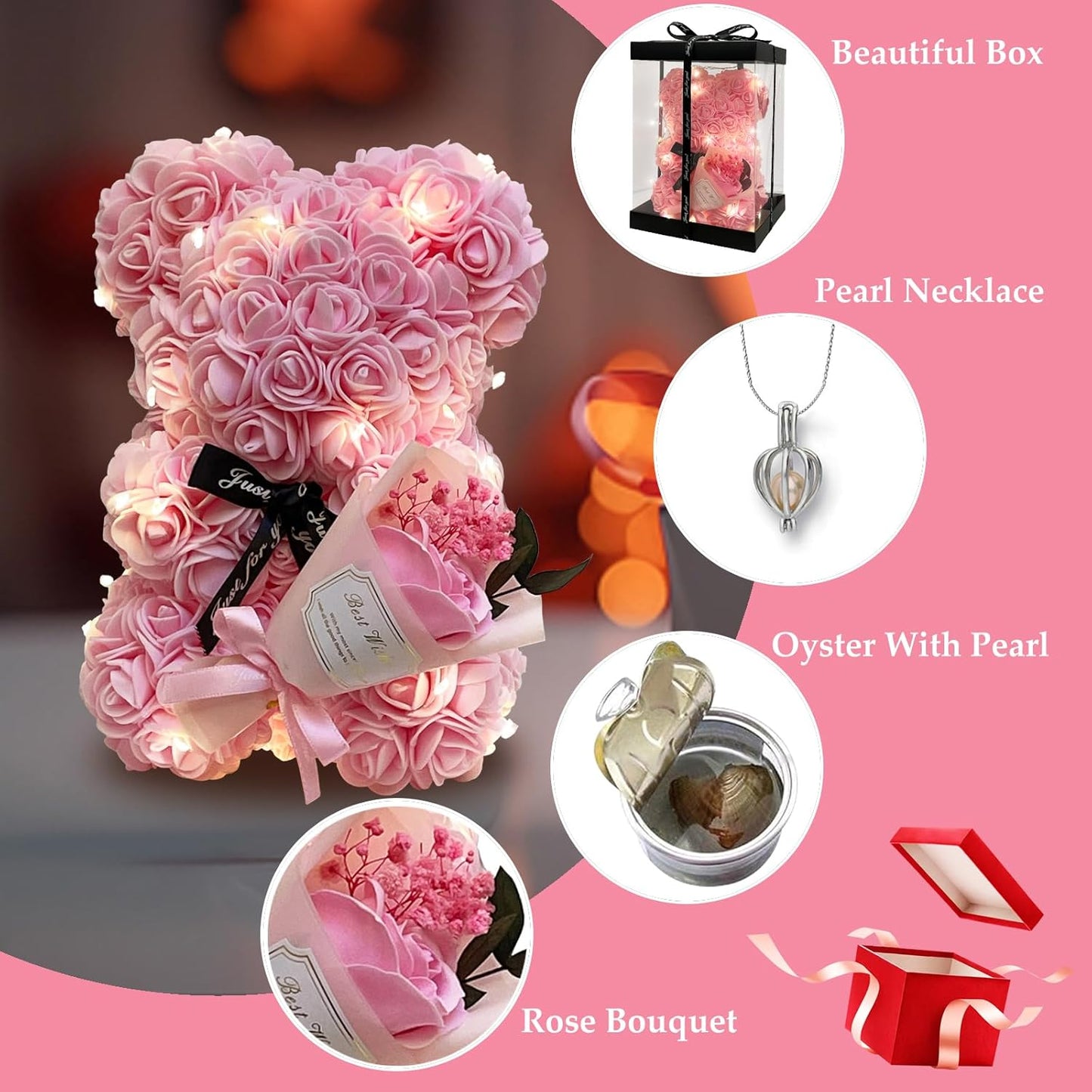 Mothers' Day Gift For Mom Grandma Pink Rose Flower Teddy Bear Blind Box Pearl Necklace For Valentine’s day Birthday Holiday Gifts For Her, Wife Girlfriend Women Gift Wedding Anniversary Home Decor