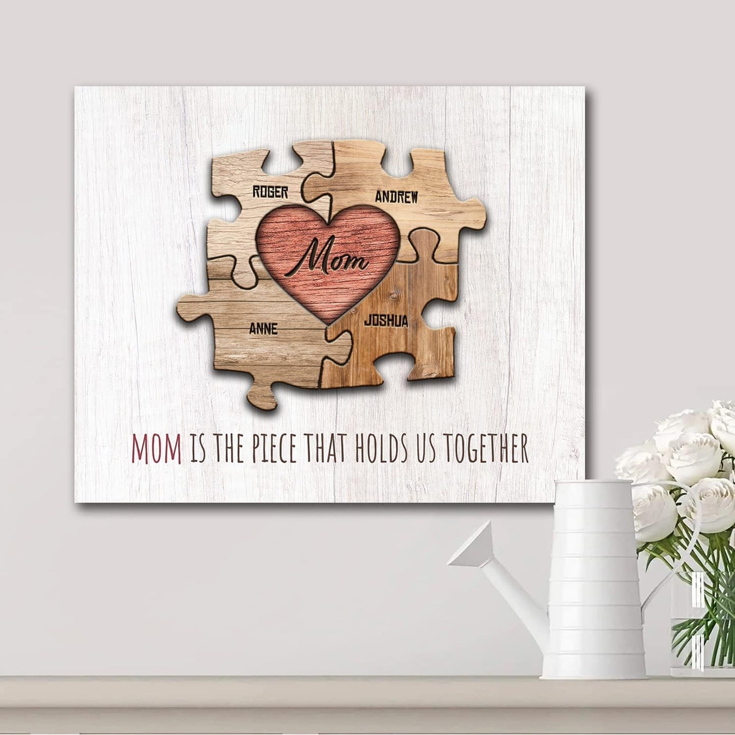 Personal-Prints MOM & Children Personalized HEART Puzzle Wall Art | Unique Customized with up to 8 Names | Mother’s Day, Birthday or Christmas Gift (11"x14" Stretched Canvas, 4 Children)