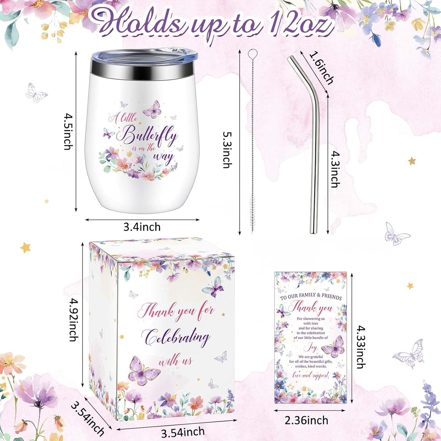 Hoolerry 6 Set Baby Shower Game Prizes for Guests Winners 12 oz Insulated Stainless Steel Tumbler Cup with Lids, Straws, Cleaning Brush, Cards & Boxes Return Gifts(Purple,Butterfly)