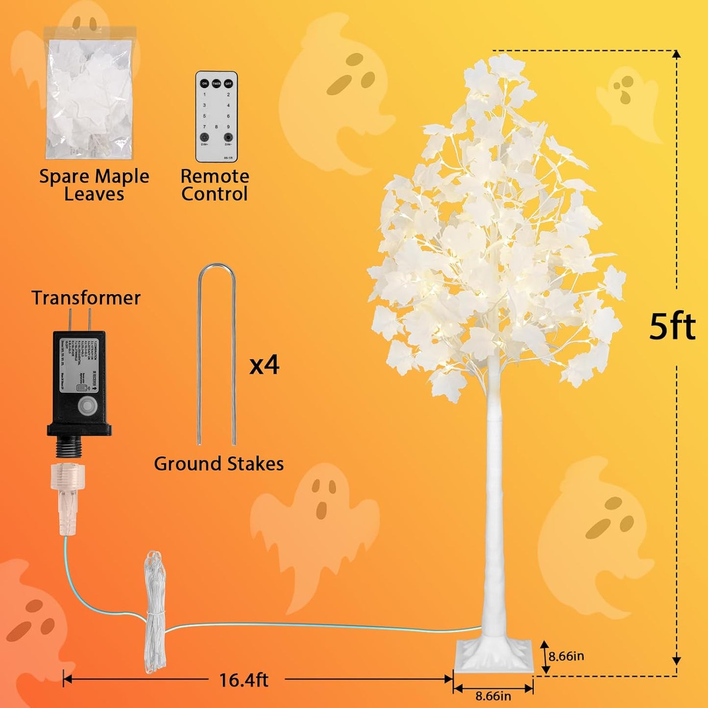 5FT 96LED Artificial Lighted White Maple Tree, Fall Tree with Dual-Tone Lights (Cold & Warm White) Halloween, Thanksgiving, Autumn Harvest Outdoor Indoor Home Decor