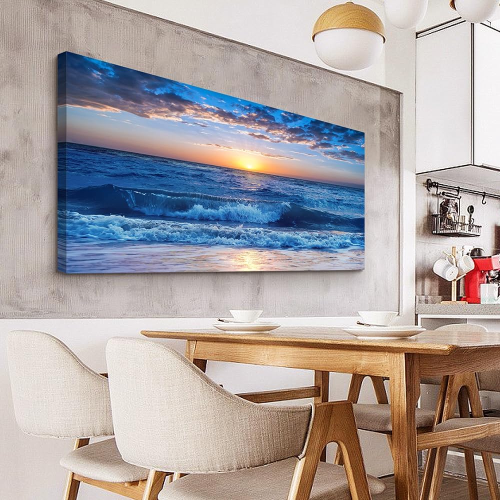Wapluam Large Canvas Wall Art For Office Farmhouse Living Room Ocean Beach Wall Paintings Blue Sea View Wave Wall Pictures Framed Prints Artwork Modern Bedroom Home Decor 30"X 60"