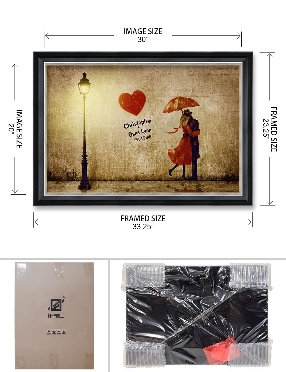 IPIC - Our First Kiss, Personalized Ideal Gift Custom Framed Wall Art with Names and Date, Giclee Prints with Solid Wood Frame, Unique and Memorable Present. Wall Art for Home Decor.