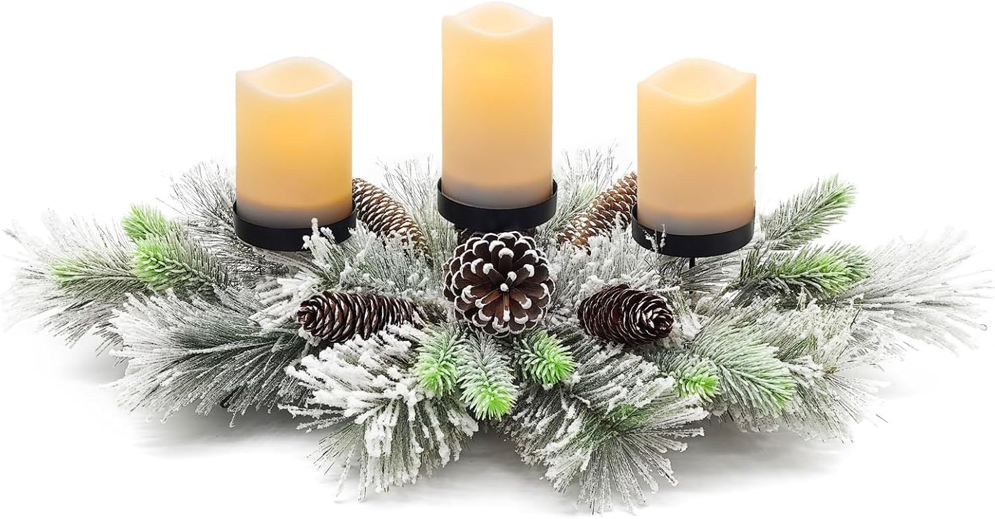 BAYN Christmas Centerpiece Table Decorations, Handcrafted Snowy Pine Cones and Pine Needles with 3 Candle Holders for Dining Table Fireplace Mantel - 27.5 in