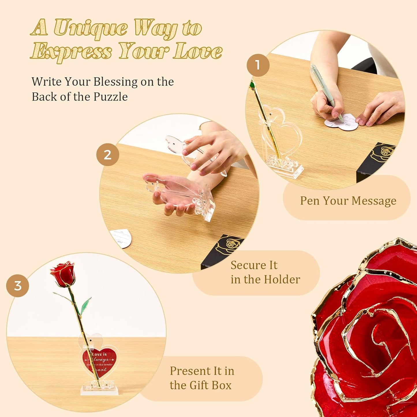 Mikasol Real 24K Gold Dipped Realistic Rose – Timeless Lifelike Bloom with Heart Puzzle Base – Romantic Red Flower Gift for Her, Wife, Girlfriend, Mom – Birthday, Anniversary, Mother’s Day (Red)