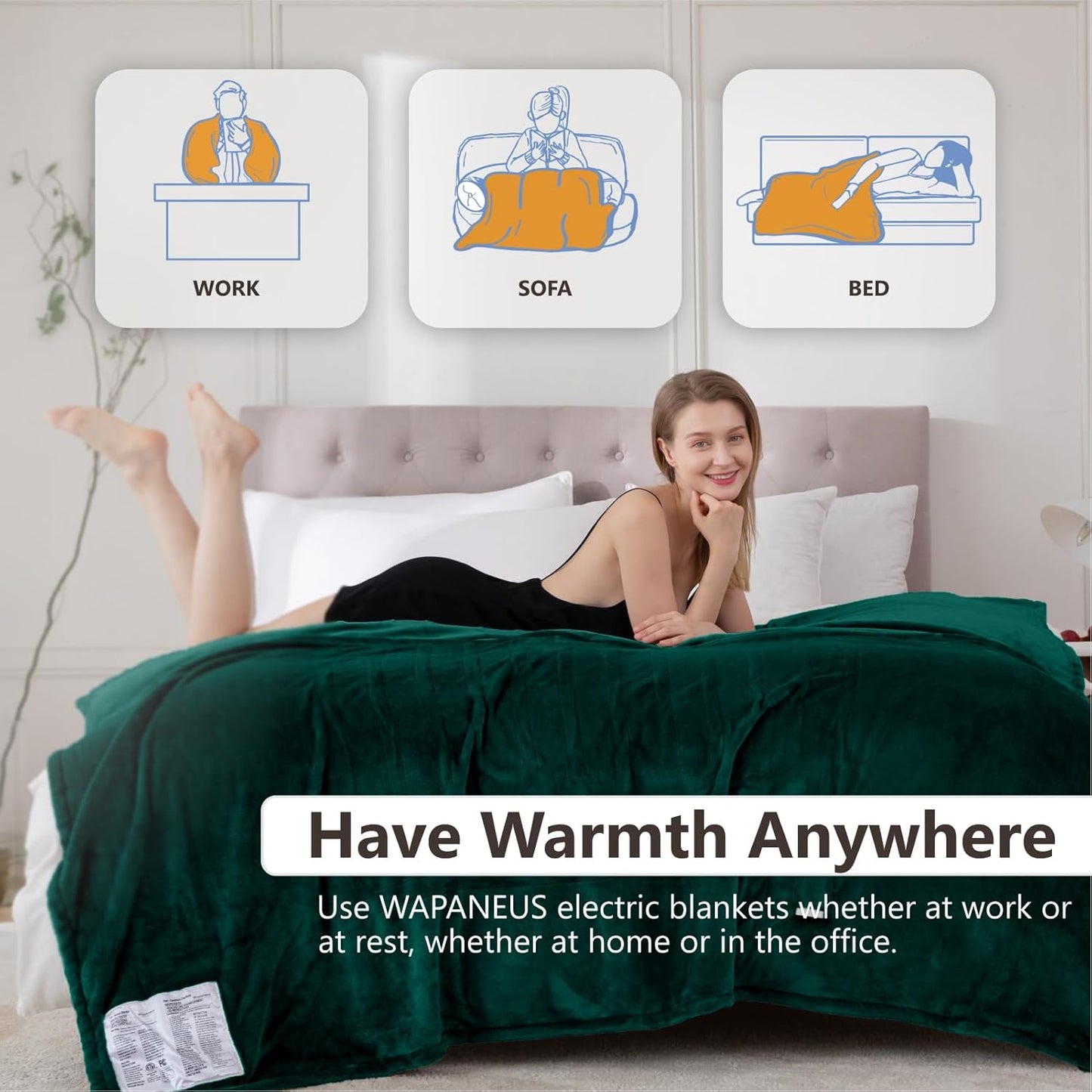 Wapaneus Heated Blanket Electric Throw 72" x 84" Full Size with 10 Heating Levels 12 Hours Time Setings and Auto-Shut Off, Flannel Fast-Heating Electric Blanket,Machine Washable,Vintage Green