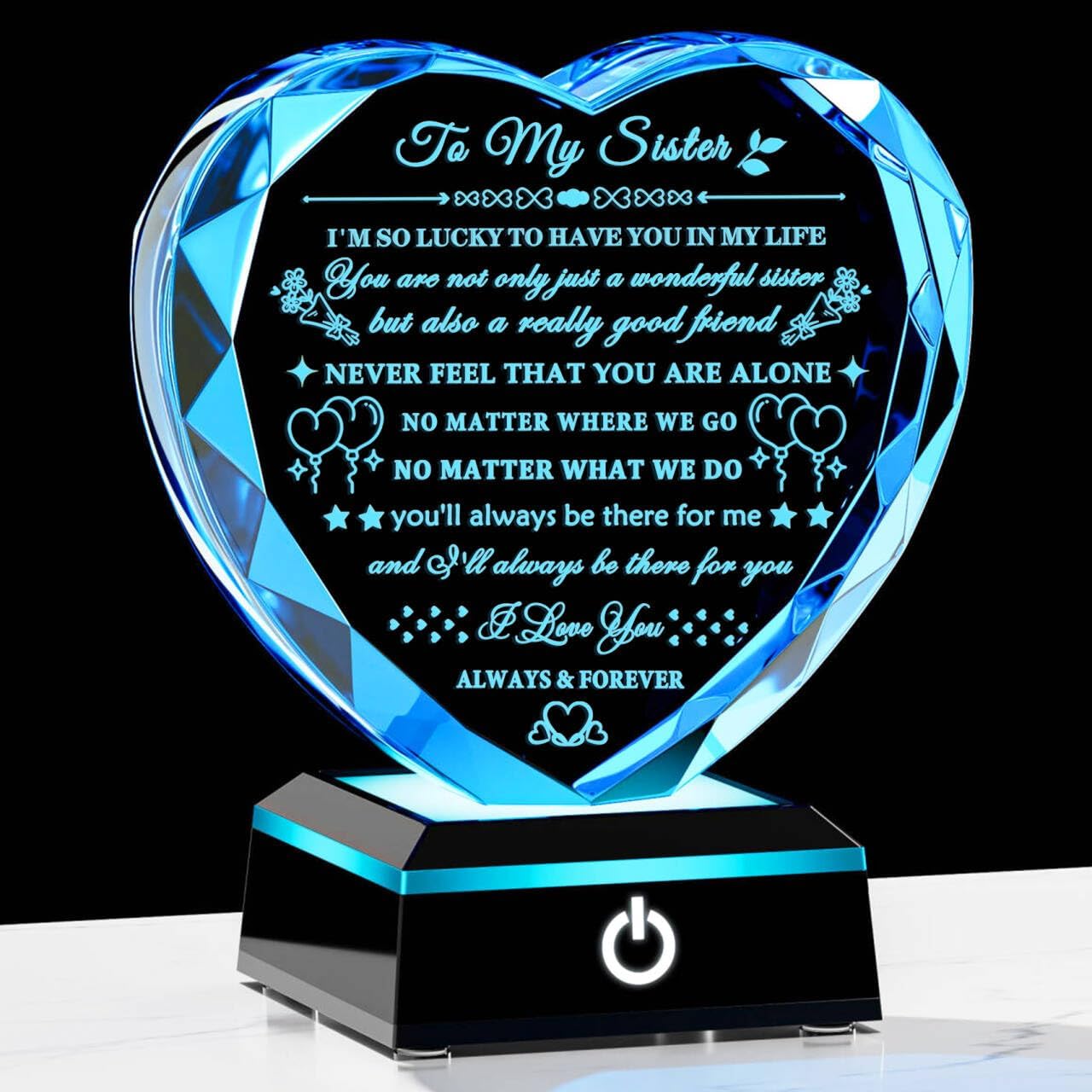 Sister Gifts from Sister Brother with Colorful LED Base Birthday Gifts Idea for Sisters Crystal Heart Keepsake Sisters Gift for Women for Christmas Mother's Day Valentines