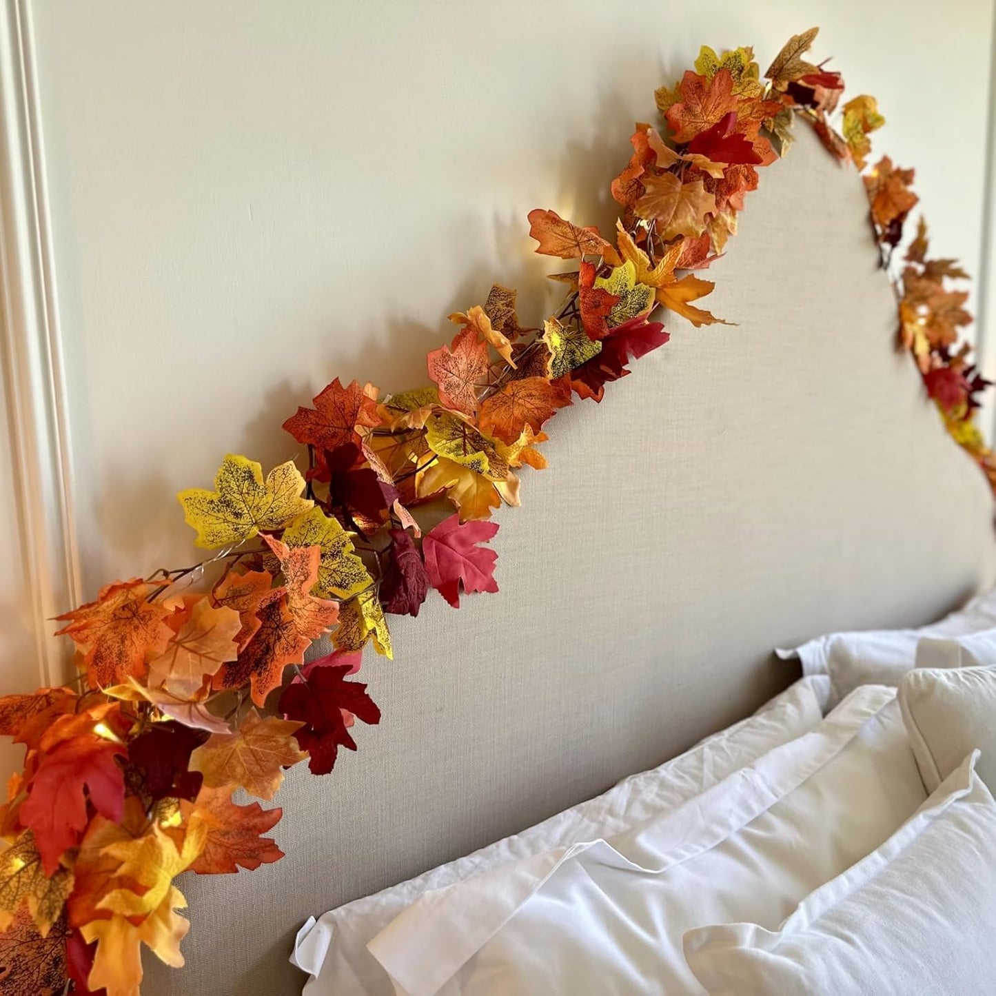 CQURE 12 Pack Fall Leaf Garland, 5.9Ft Artificial Maple Leaf Garland Fall Leaves Autumn Hanging Vines Maple Leaves Thanksgiving Decor for Home Wedding Fireplace Party