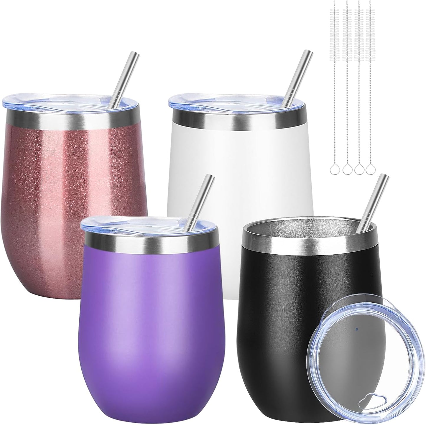 12oz/4 Pack Wine Tumbler Glasses with Lid Stemless Double Wall Vacuum Stainless Steel Travel Tumbler Keeping Cold & Hot for Wine,Coffee,Cocktails,Drinks-Family and Gifts (Multi color-4)