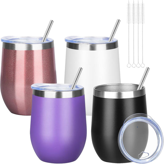 12oz/4 Pack Wine Tumbler Glasses with Lid Stemless Double Wall Vacuum Stainless Steel Travel Tumbler Keeping Cold & Hot for Wine,Coffee,Cocktails,Drinks-Family and Gifts (Multi color-4)