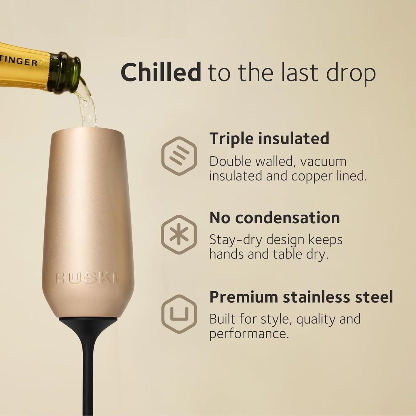 Huski Champagne Flute | NEW | Award-winning Design with Detachable Stem | Premium Stainless Steel Champagne Glass with Lid | Triple Insulated Tumbler | 8oz Capacity | Great Gift (White)
