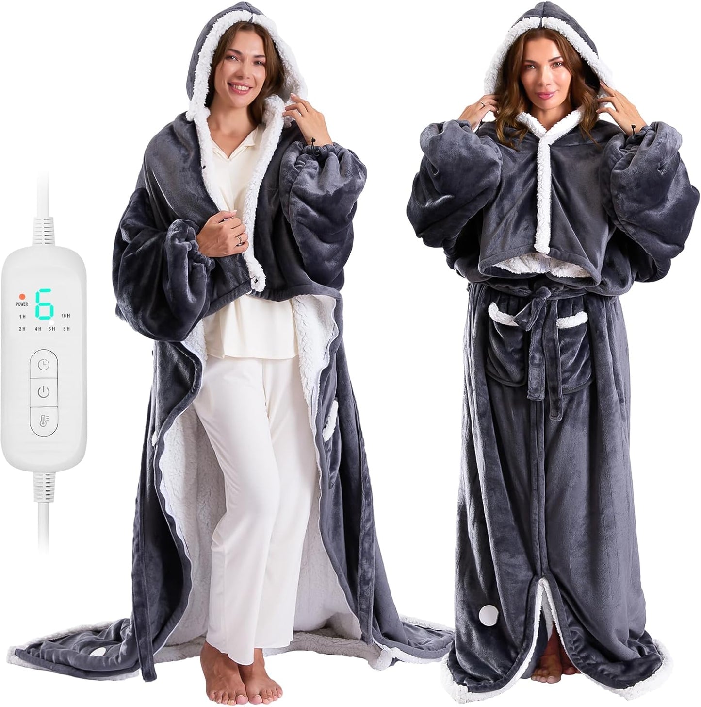 Wearable Heated Blanket Hoodie with Zipper,Electric Snuggle Throw Blankets with Sleeves,Flannel & Sherpa Heating Blanket with Foot Pocket for Adults Seniors,8 Heating Levels & 1-10 Hour Timer,60x70in