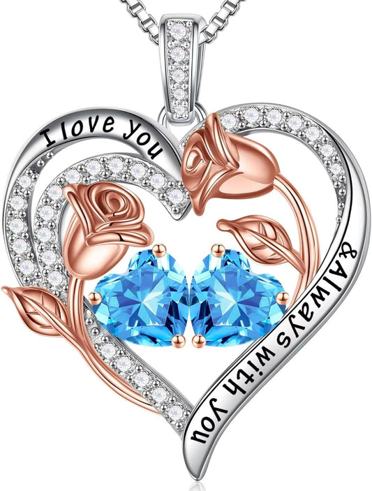 Iefil Birthstone Necklace for Women - 925 Sterling Silver Rose Heart Birthstone Necklace Birthday Anniversary Jewelry Gifts for Her Wife Mom Daughter