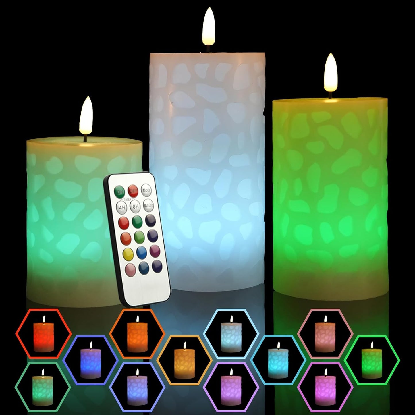 NICEME 3PCS LED Multi Colored Flameless Candles Pillar Battery Operated Flickering 3D Wick Flame Color Changing Candles with Remote Control Carving Real Wax Electric Fake Candles, D3β x H4β 5" 6"