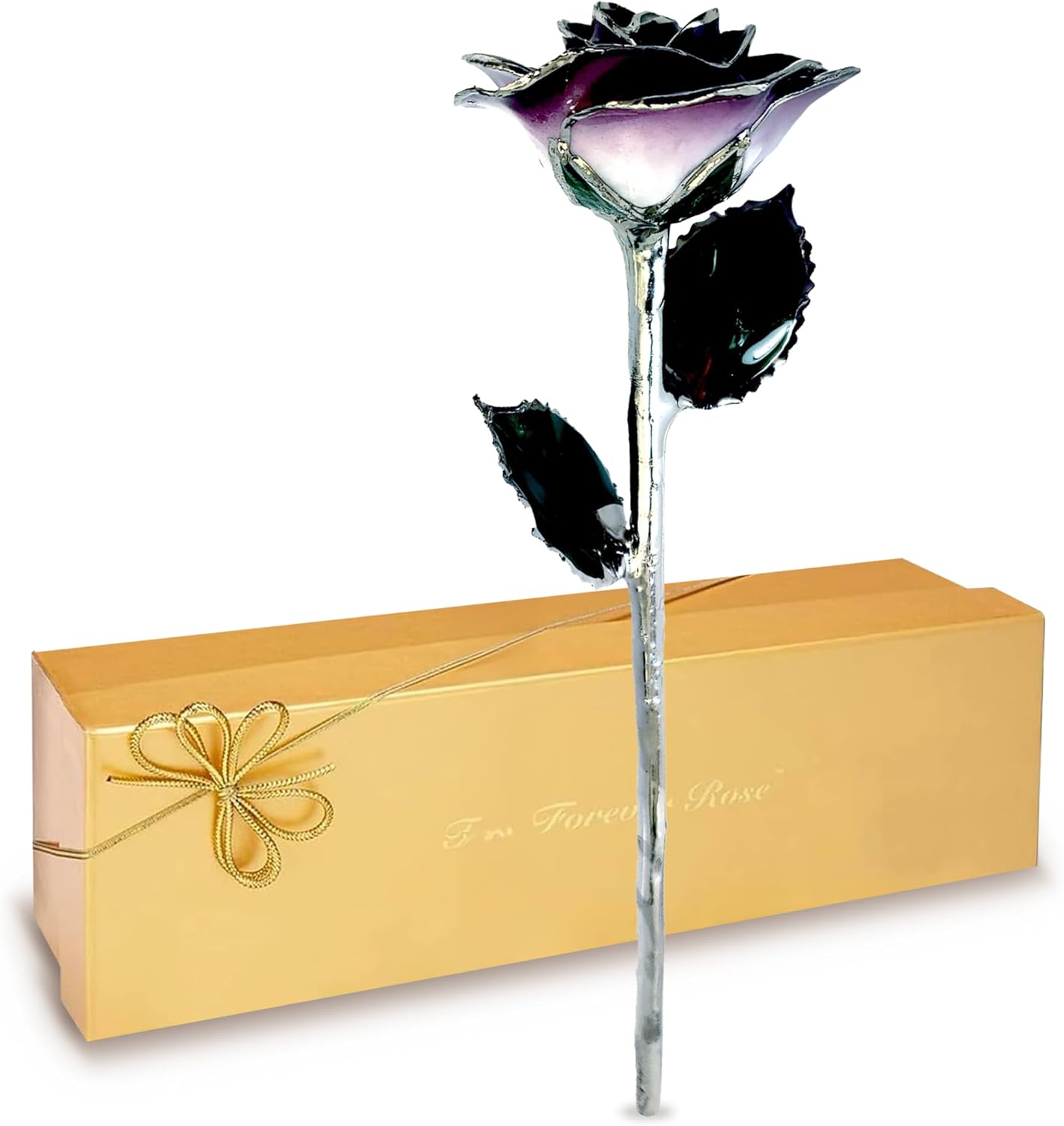 Forever Rose Real 2-Tone Purple Rose with Platinum Trimmed Petals and Platinum Stem, Handcrafted Preserved Rose in Luxury Gold Gift Box, Romantic Gift for Her, Elegant Gift for Any Occasion