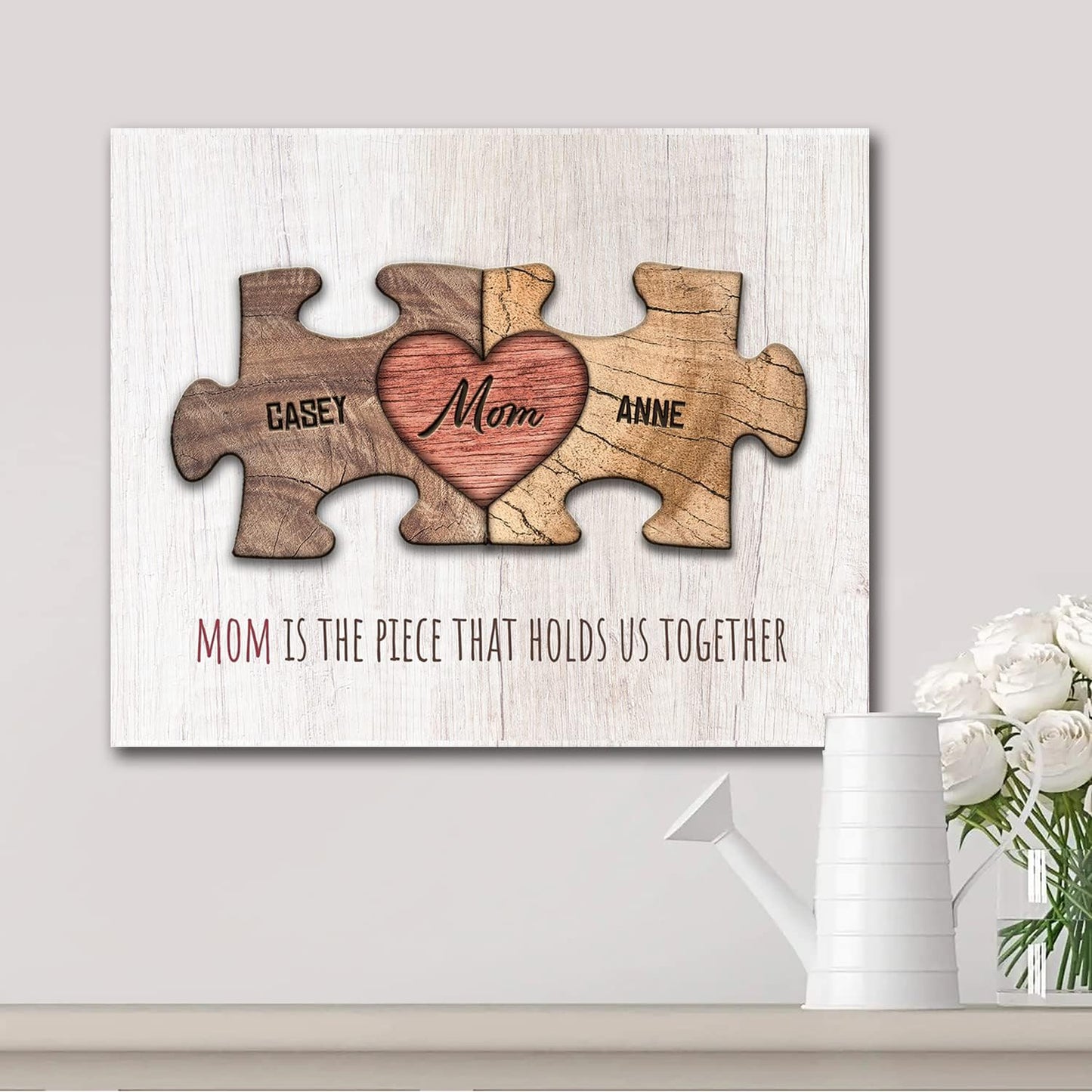 Personal-Prints MOM & Children Personalized HEART Puzzle Wall Art | Unique Customized with up to 8 Names | Mother’s Day, Birthday or Christmas Gift (11"x14" Stretched Canvas, 2 Children)