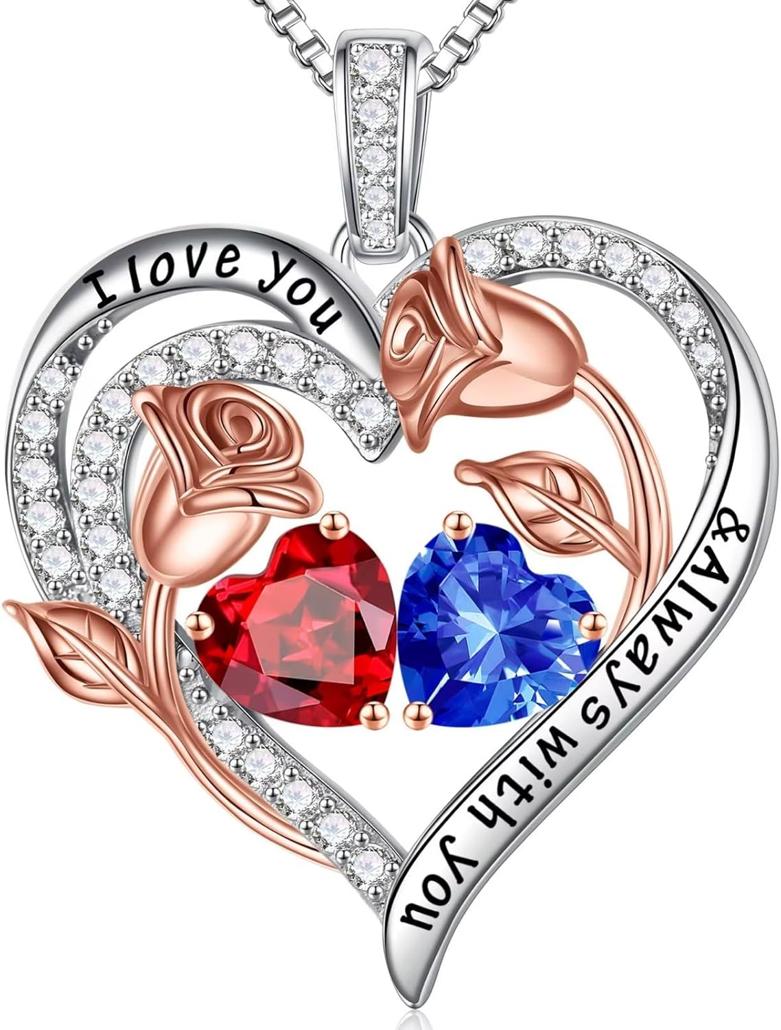 Iefil Birthstone Necklace for Women - 925 Sterling Silver Rose Heart Birthstone Necklace Birthday Anniversary Jewelry Gifts for Her Wife Mom Daughter