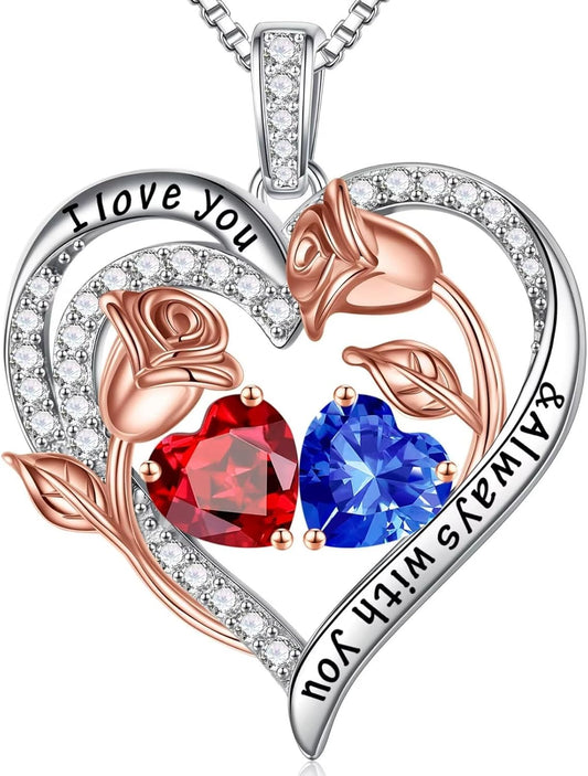 Iefil Birthstone Necklace for Women - 925 Sterling Silver Rose Heart Birthstone Necklace Birthday Anniversary Jewelry Gifts for Her Wife Mom Daughter