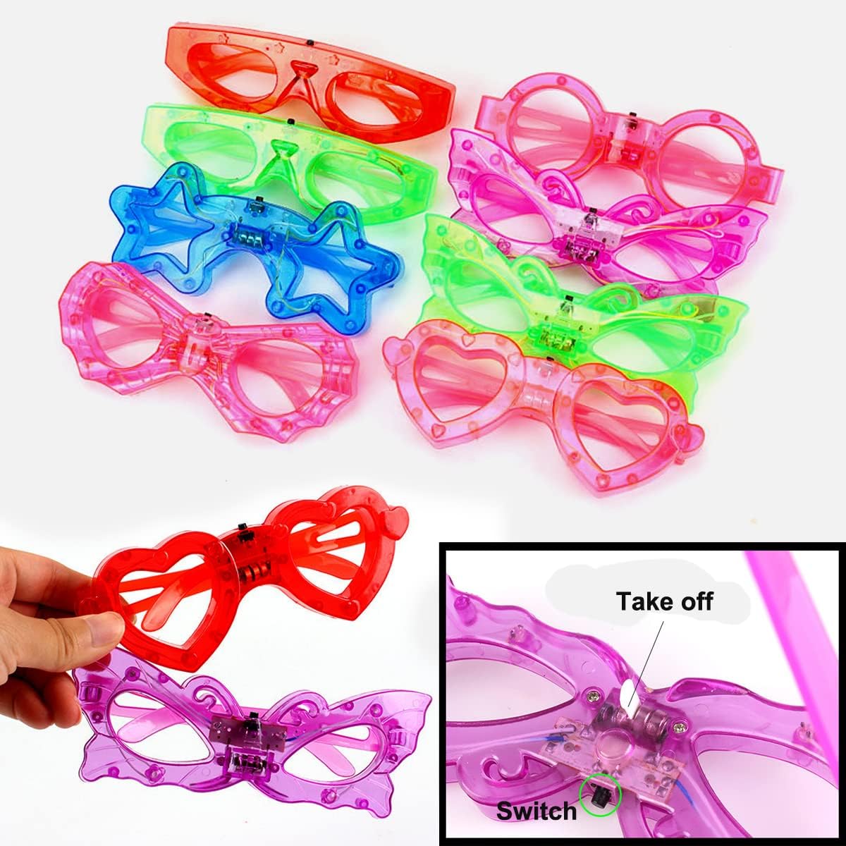 72 Packs LED Glasses for kids Glow in the dark Party Supplies Favor,6 LED 6 Shapes Glasses Flashing Plastic Light up Glass Toys Bulk 3 Replaceable Battery fit Halloween Christmas Thanksgiving