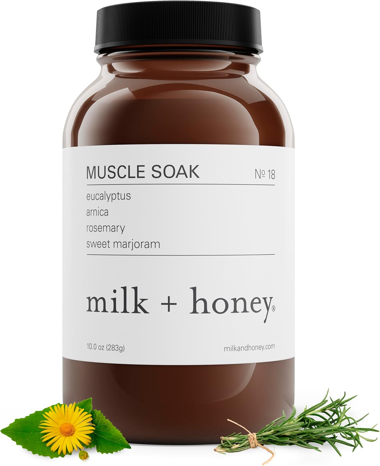 milk + honey Muscle and Bath Soak No. 18, Moisturizing Epsom Salt Bath Soak with Eucalyptus, Arnica, Rosemary and Sweet Marjoram, 10 oz