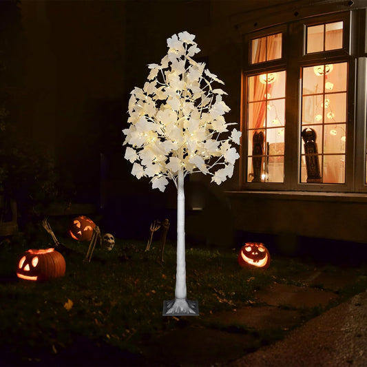 5FT 96LED Artificial Lighted White Maple Tree, Fall Tree with Dual-Tone Lights (Cold & Warm White) Halloween, Thanksgiving, Autumn Harvest Outdoor Indoor Home Decor