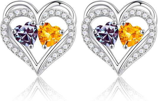 Iefil Birthstone Earrings for Women - 925 Sterling Silver Heart Earrings Anniversary Birthday Gifts for Women Wife Girlfriend Mom